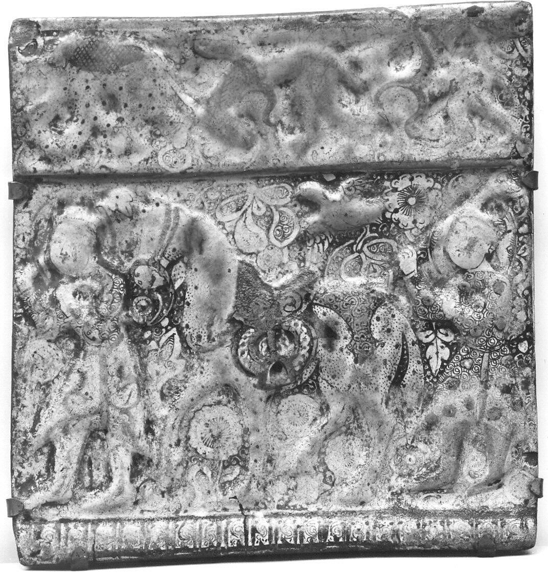 Square Tile, Stonepaste; molded and luster-painted on opaque white glaze under transparent glaze