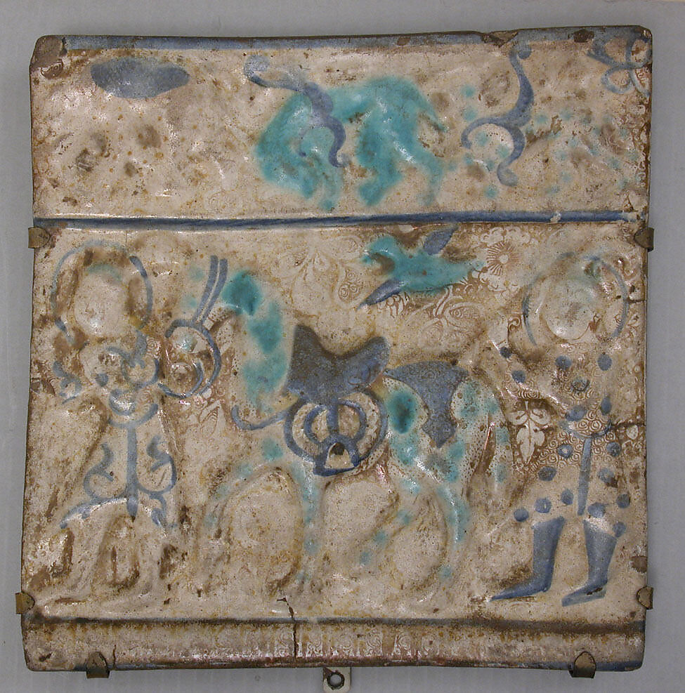 Square Tile, Stonepaste; molded and luster-painted on opaque white glaze under transparent glaze