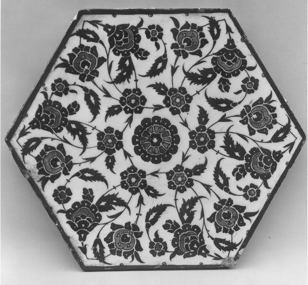 Hexagonal Tile with Floral Design, Stonepaste; polychrome painted under transparent glaze
