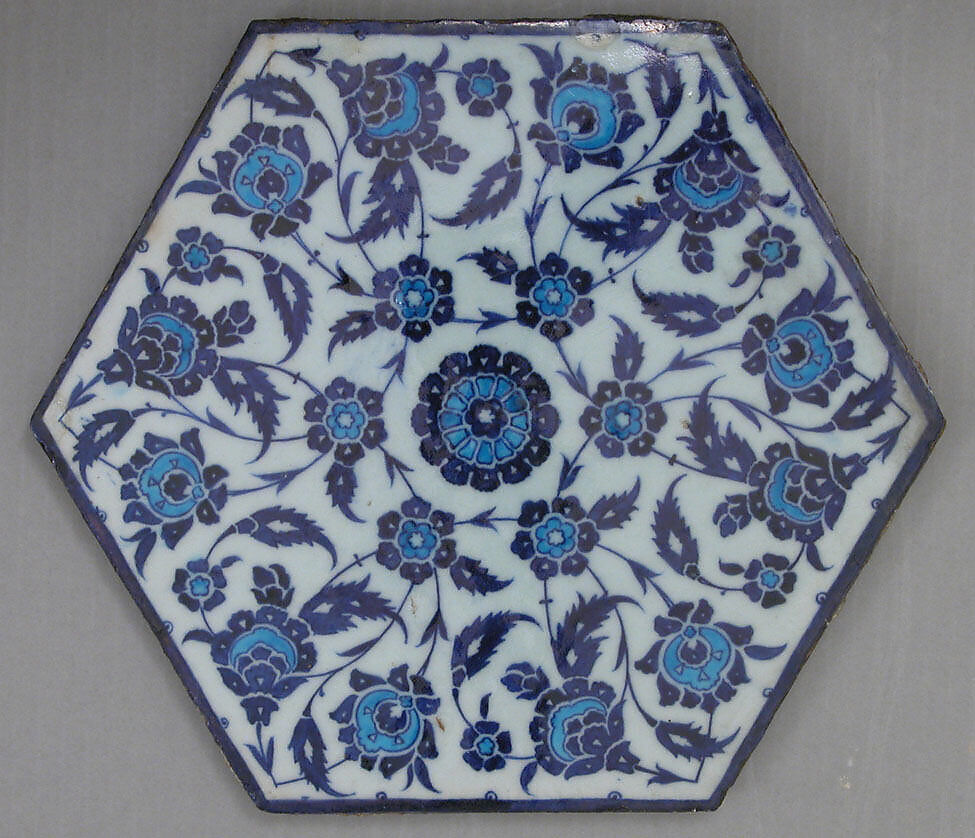 Hexagonal Tile with Floral Design, Stonepaste; polychrome painted under transparent glaze 