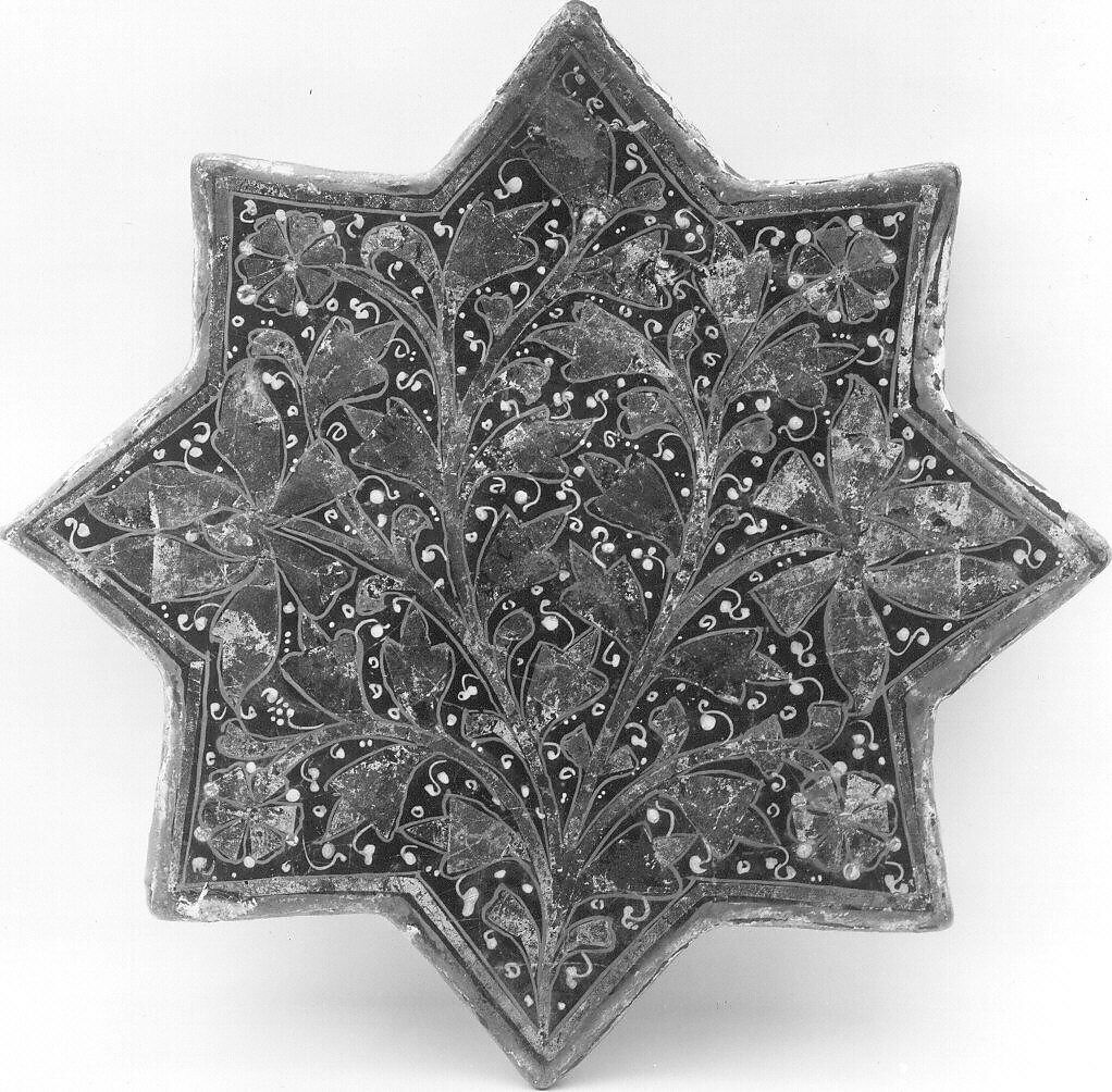 Star-Shaped Tile, Stonepaste; molded, overglaze painted and leaf gilded (lajvardina)