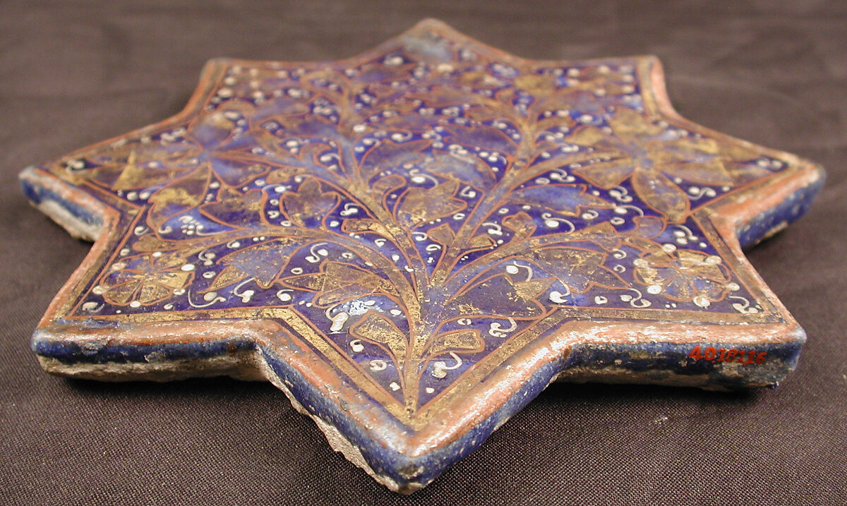 Star-Shaped Tile, Stonepaste; molded, overglaze painted and leaf gilded (lajvardina)