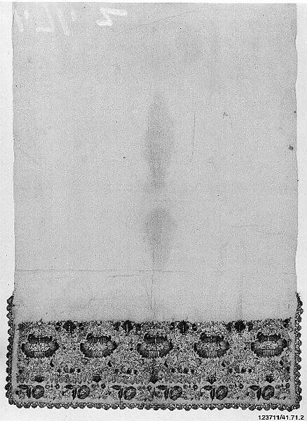 Towel, Cotton; embroidered with floss silks and metal wrapped thread 