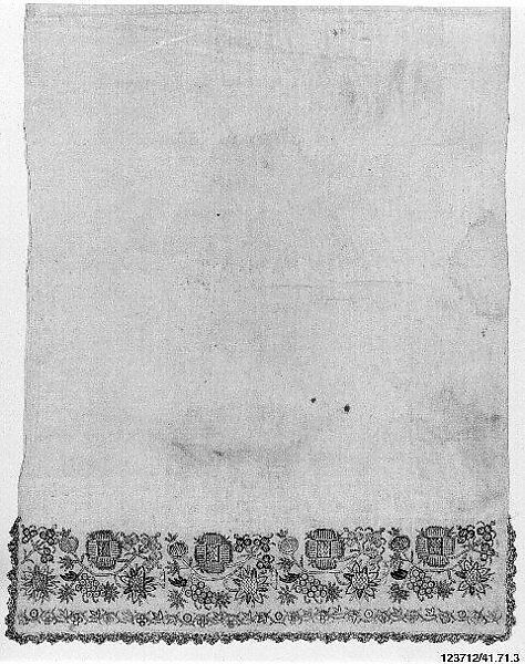Towel, Linen; embroidered with  floss silks and metal wrapped thread 