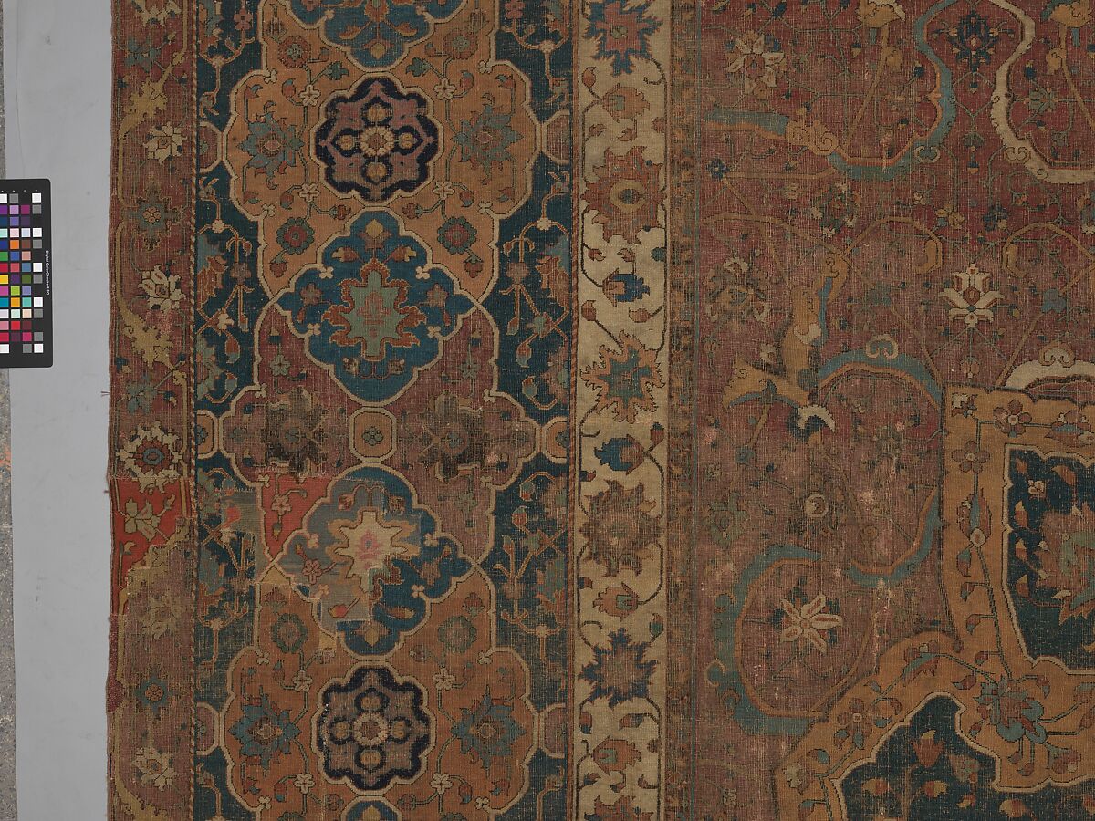 Carpet, Cotton (warp and weft), wool (pile); asymmetrically knotted pile 