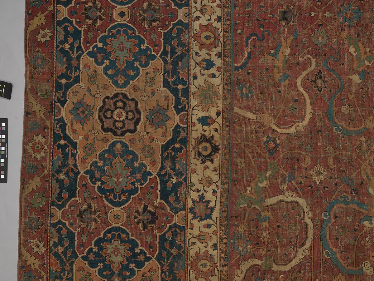 Carpet, Cotton (warp and weft), wool (pile); asymmetrically knotted pile 