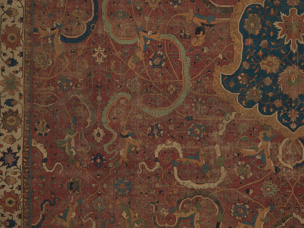 Carpet, Cotton (warp and weft), wool (pile); asymmetrically knotted pile 