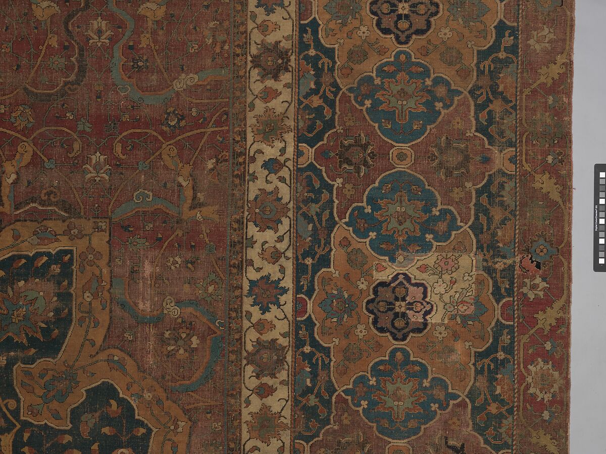Carpet, Cotton (warp and weft), wool (pile); asymmetrically knotted pile 