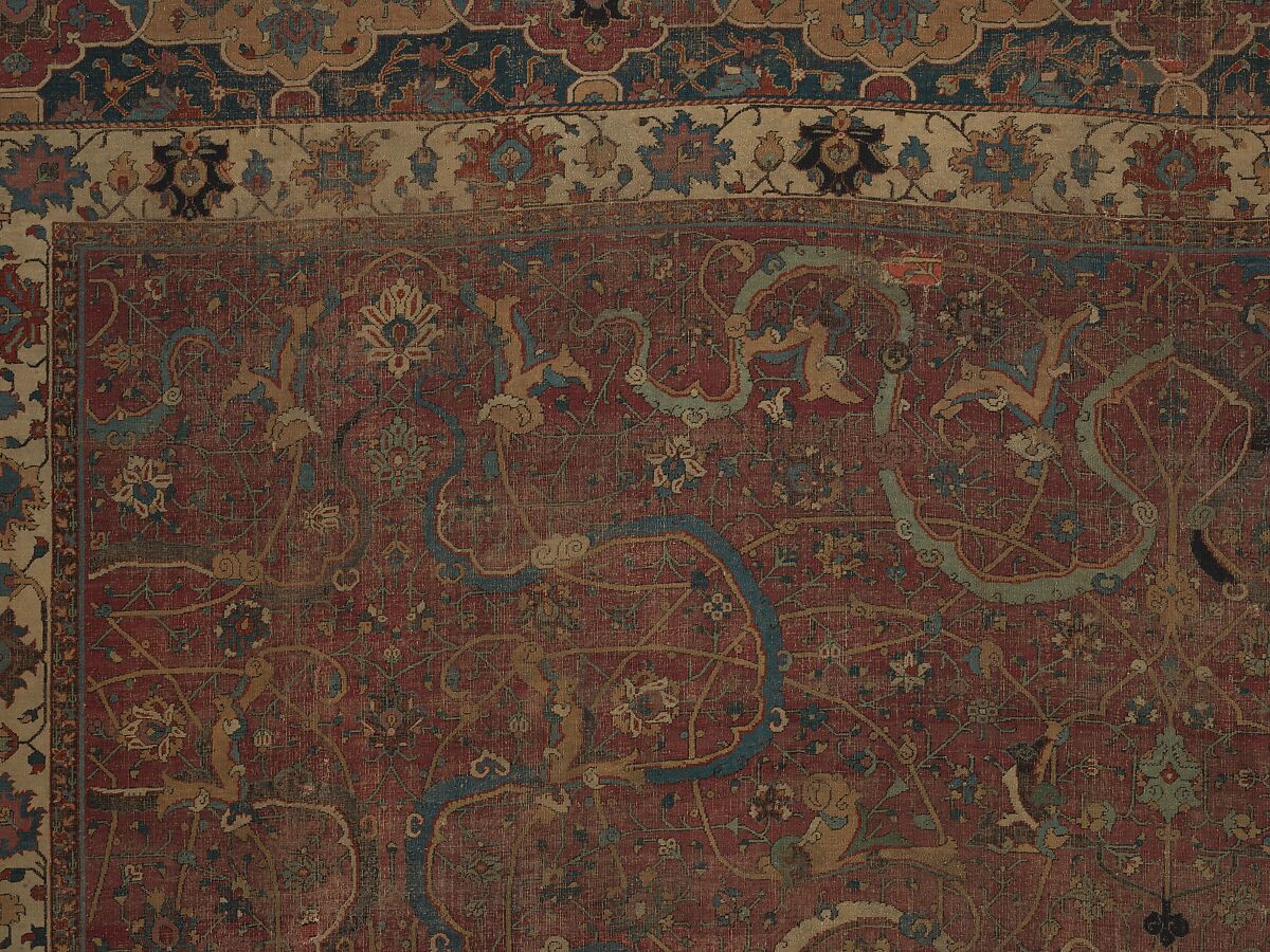 Carpet, Cotton (warp and weft), wool (pile); asymmetrically knotted pile 