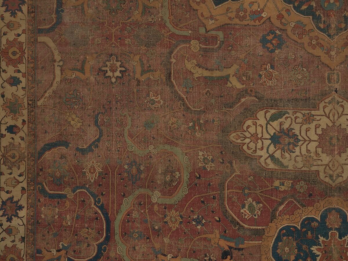 Carpet, Cotton (warp and weft), wool (pile); asymmetrically knotted pile 
