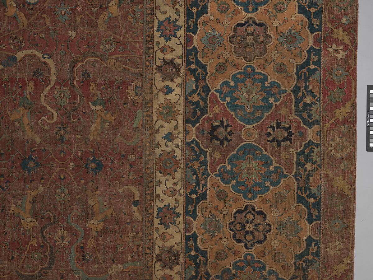 Carpet, Cotton (warp and weft), wool (pile); asymmetrically knotted pile 
