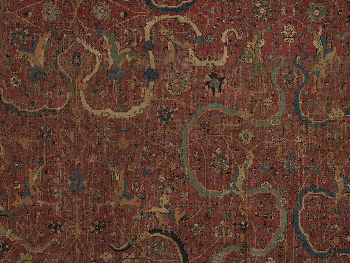 Carpet, Cotton (warp and weft), wool (pile); asymmetrically knotted pile 
