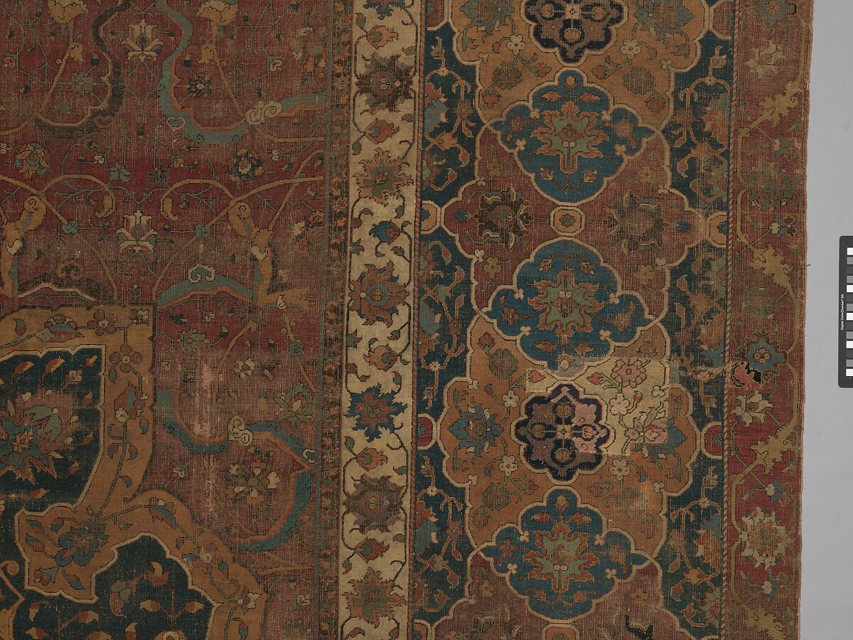 Carpet, Cotton (warp and weft), wool (pile); asymmetrically knotted pile 