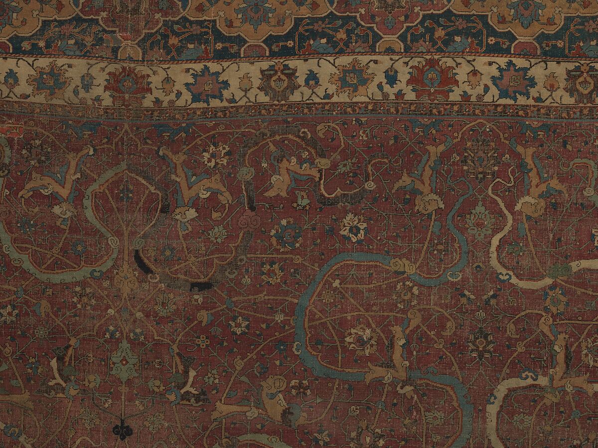 Carpet, Cotton (warp and weft), wool (pile); asymmetrically knotted pile 