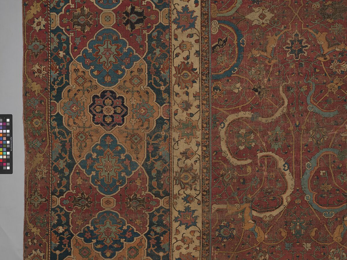Carpet, Cotton (warp and weft), wool (pile); asymmetrically knotted pile 