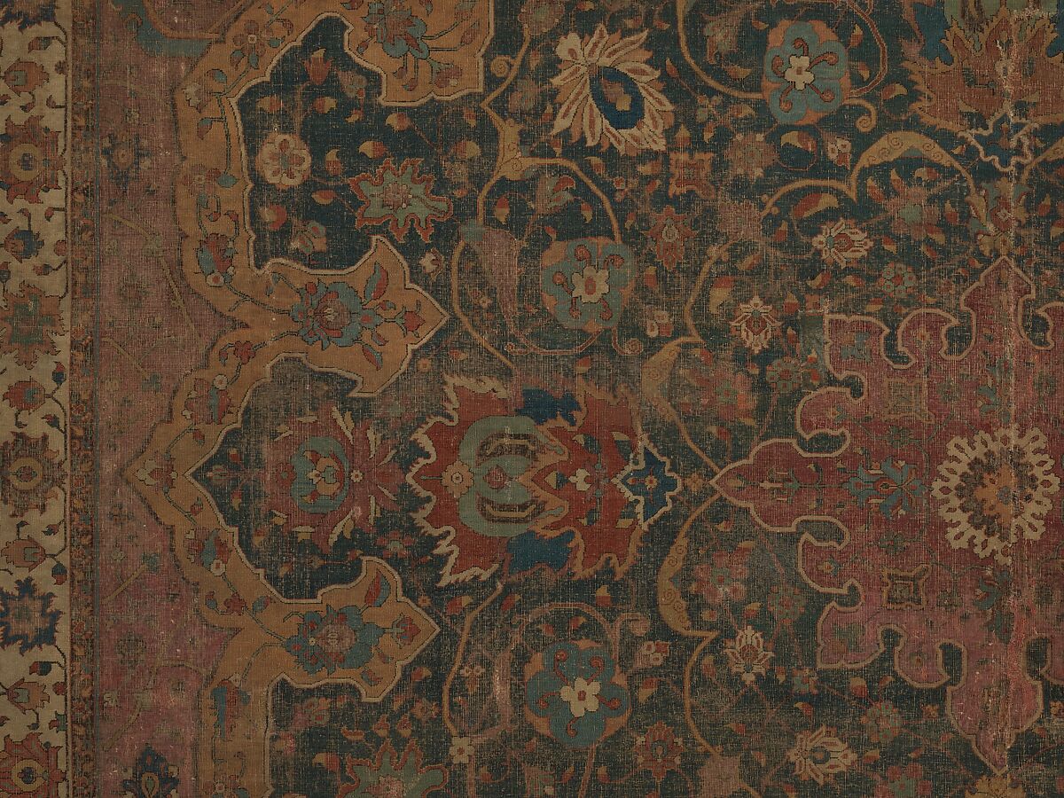 Carpet, Cotton (warp and weft), wool (pile); asymmetrically knotted pile 