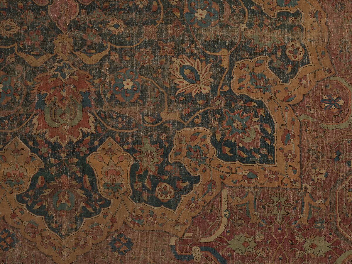 Carpet, Cotton (warp and weft), wool (pile); asymmetrically knotted pile 