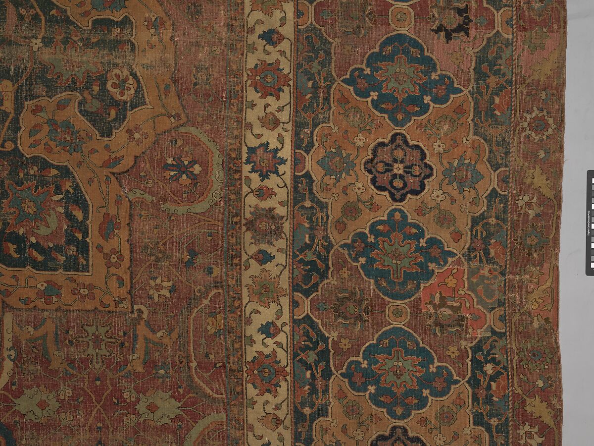 Carpet, Cotton (warp and weft), wool (pile); asymmetrically knotted pile 