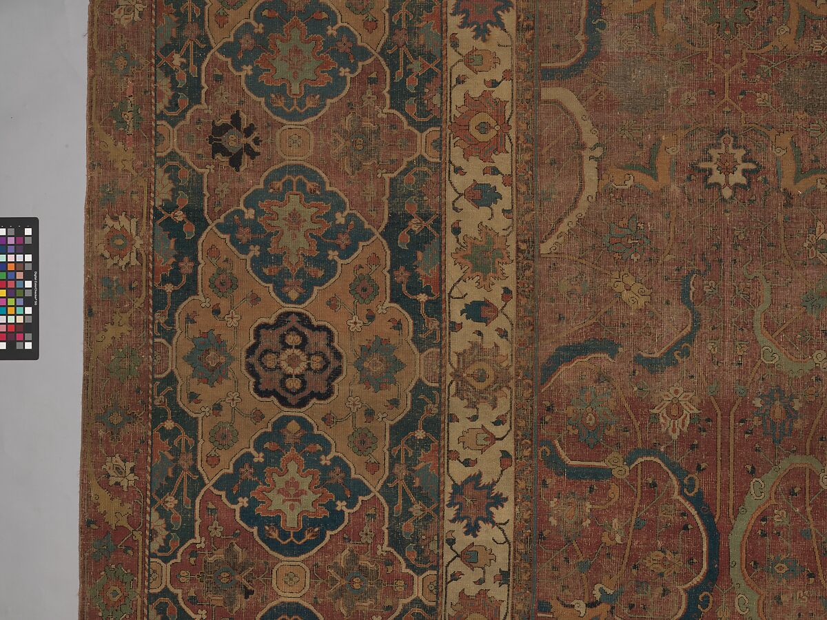 Carpet, Cotton (warp and weft), wool (pile); asymmetrically knotted pile 