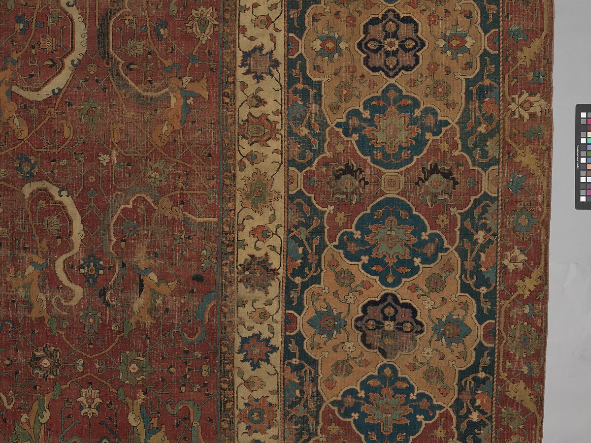 Carpet, Cotton (warp and weft), wool (pile); asymmetrically knotted pile 