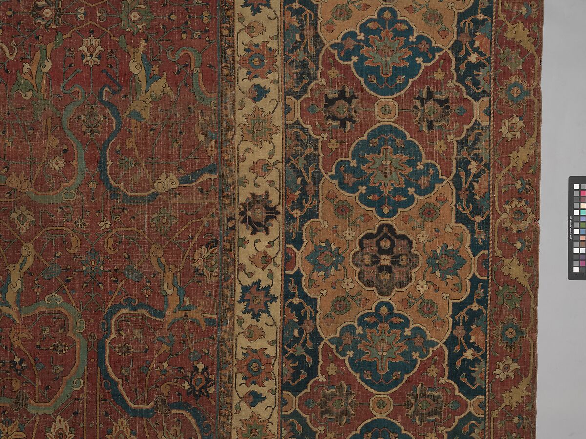 Carpet, Cotton (warp and weft), wool (pile); asymmetrically knotted pile 