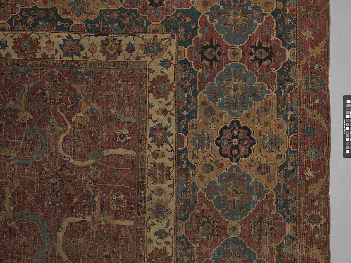 Carpet, Cotton (warp and weft), wool (pile); asymmetrically knotted pile 