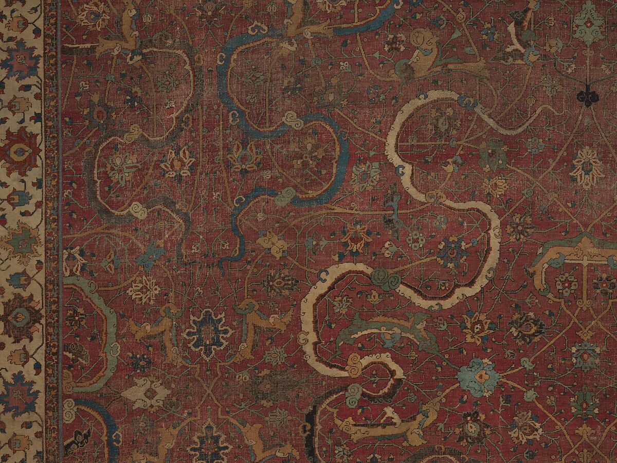 Carpet, Cotton (warp and weft), wool (pile); asymmetrically knotted pile 