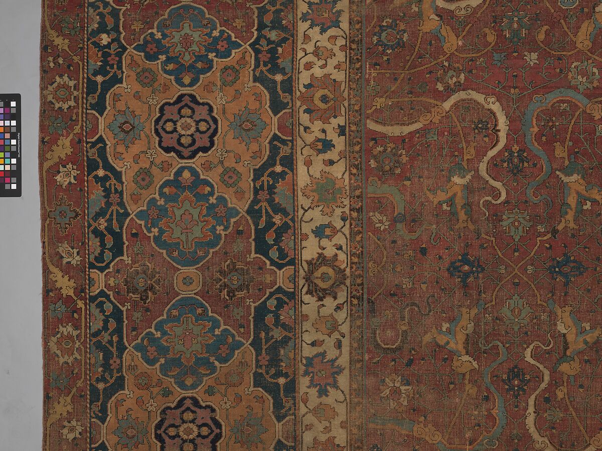 Carpet, Cotton (warp and weft), wool (pile); asymmetrically knotted pile 
