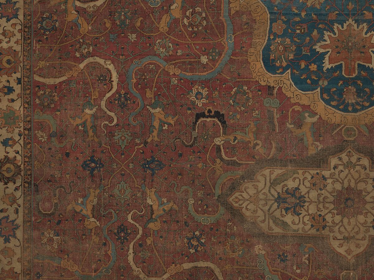 Carpet, Cotton (warp and weft), wool (pile); asymmetrically knotted pile 