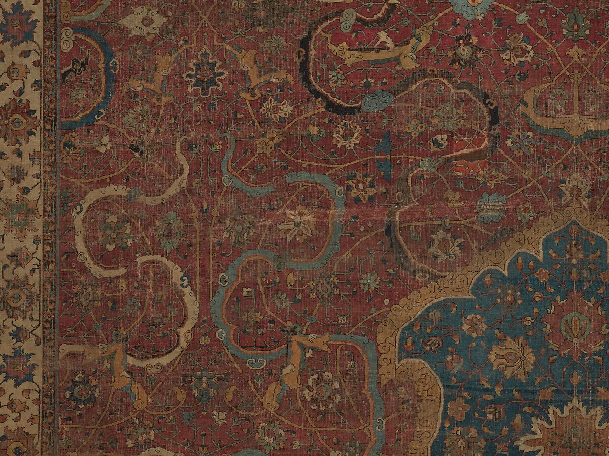 Carpet, Cotton (warp and weft), wool (pile); asymmetrically knotted pile 