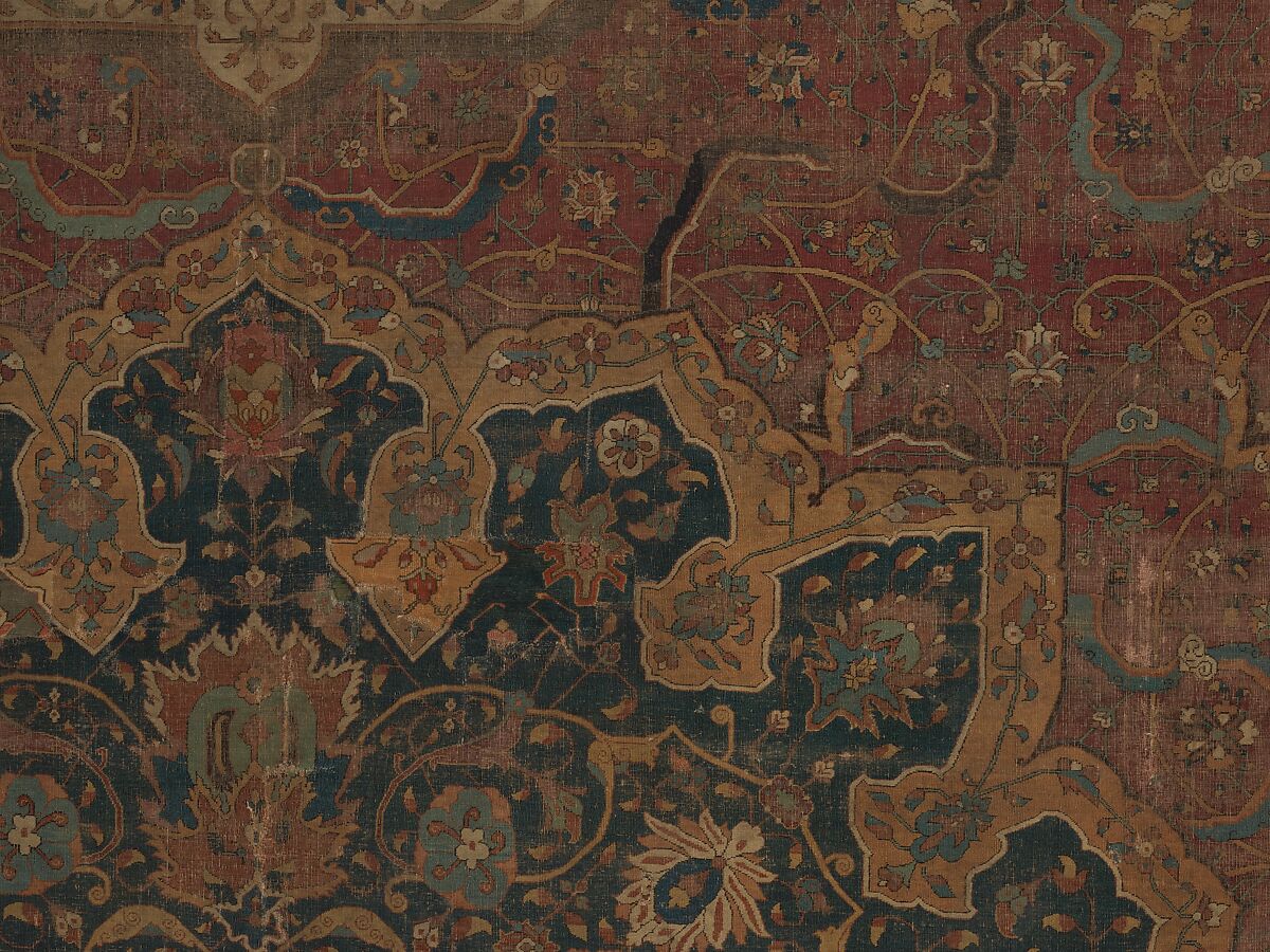 Carpet, Cotton (warp and weft), wool (pile); asymmetrically knotted pile 