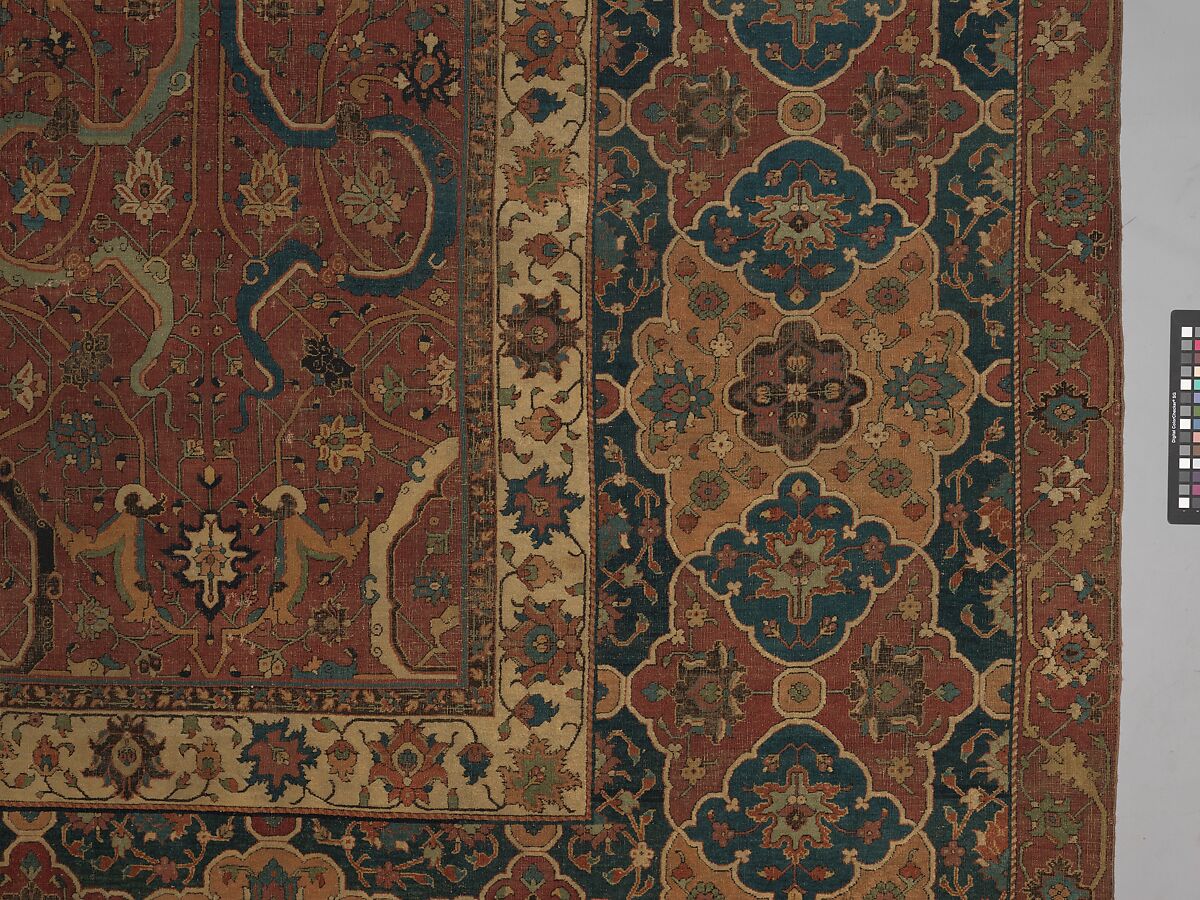 Carpet, Cotton (warp and weft), wool (pile); asymmetrically knotted pile 