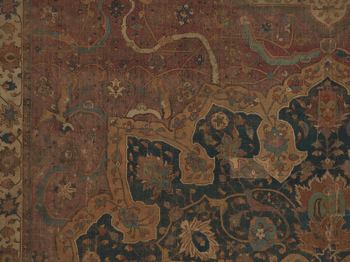 Carpet, Cotton (warp and weft), wool (pile); asymmetrically knotted pile 