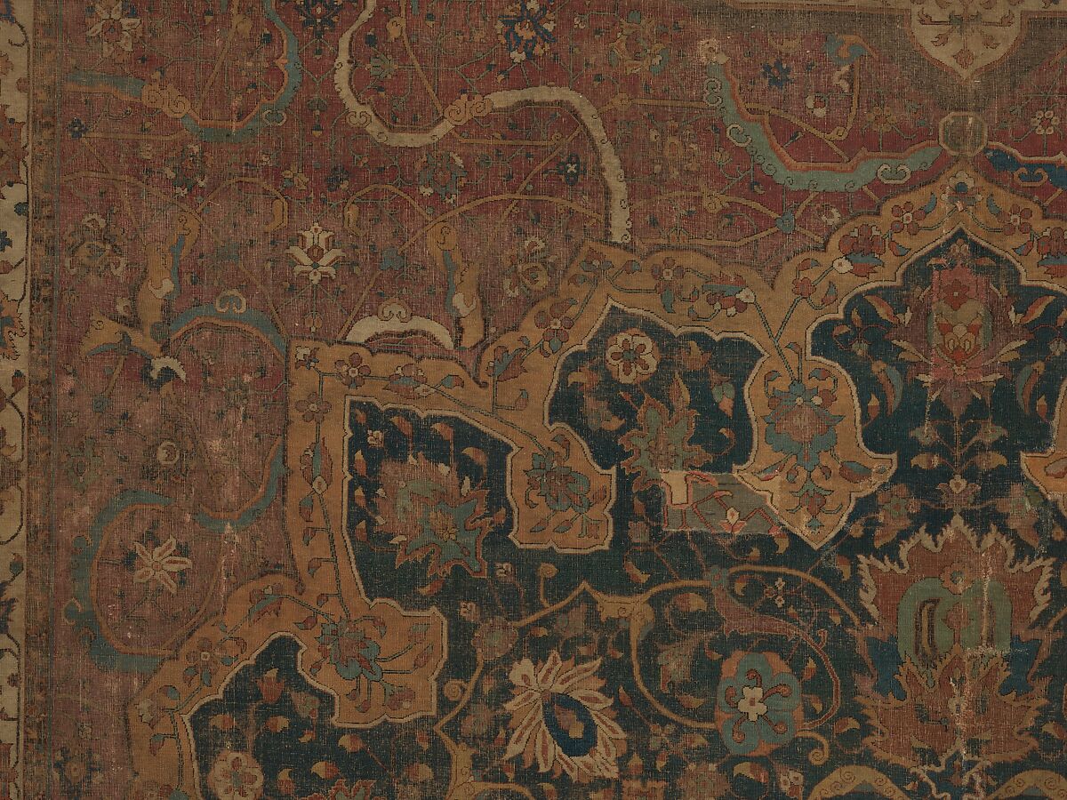 Carpet, Cotton (warp and weft), wool (pile); asymmetrically knotted pile 