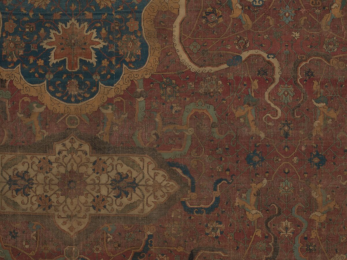 Carpet, Cotton (warp and weft), wool (pile); asymmetrically knotted pile 