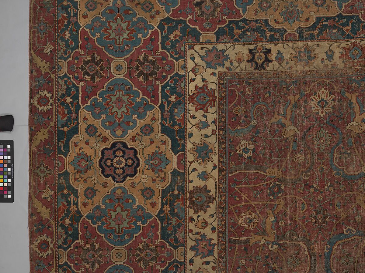 Carpet, Cotton (warp and weft), wool (pile); asymmetrically knotted pile 