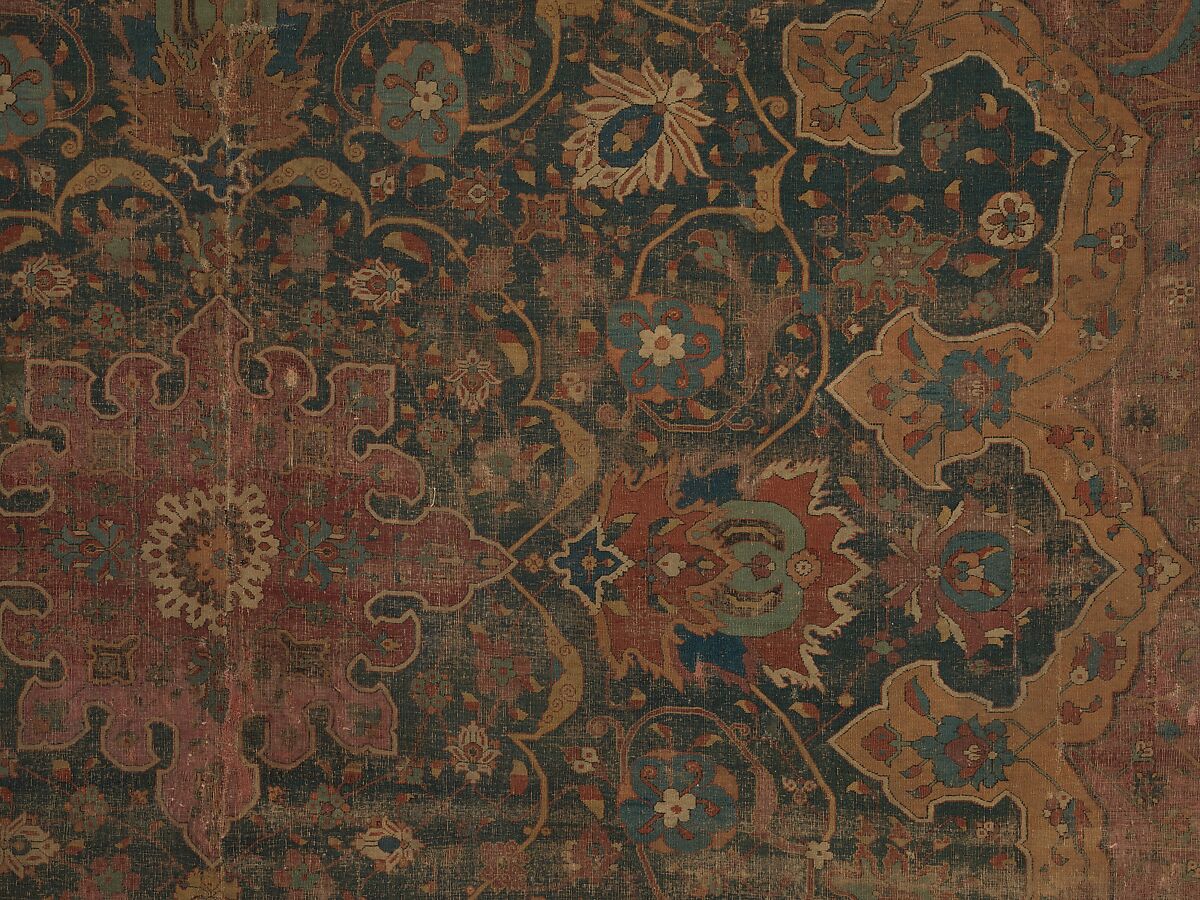 Carpet, Cotton (warp and weft), wool (pile); asymmetrically knotted pile 