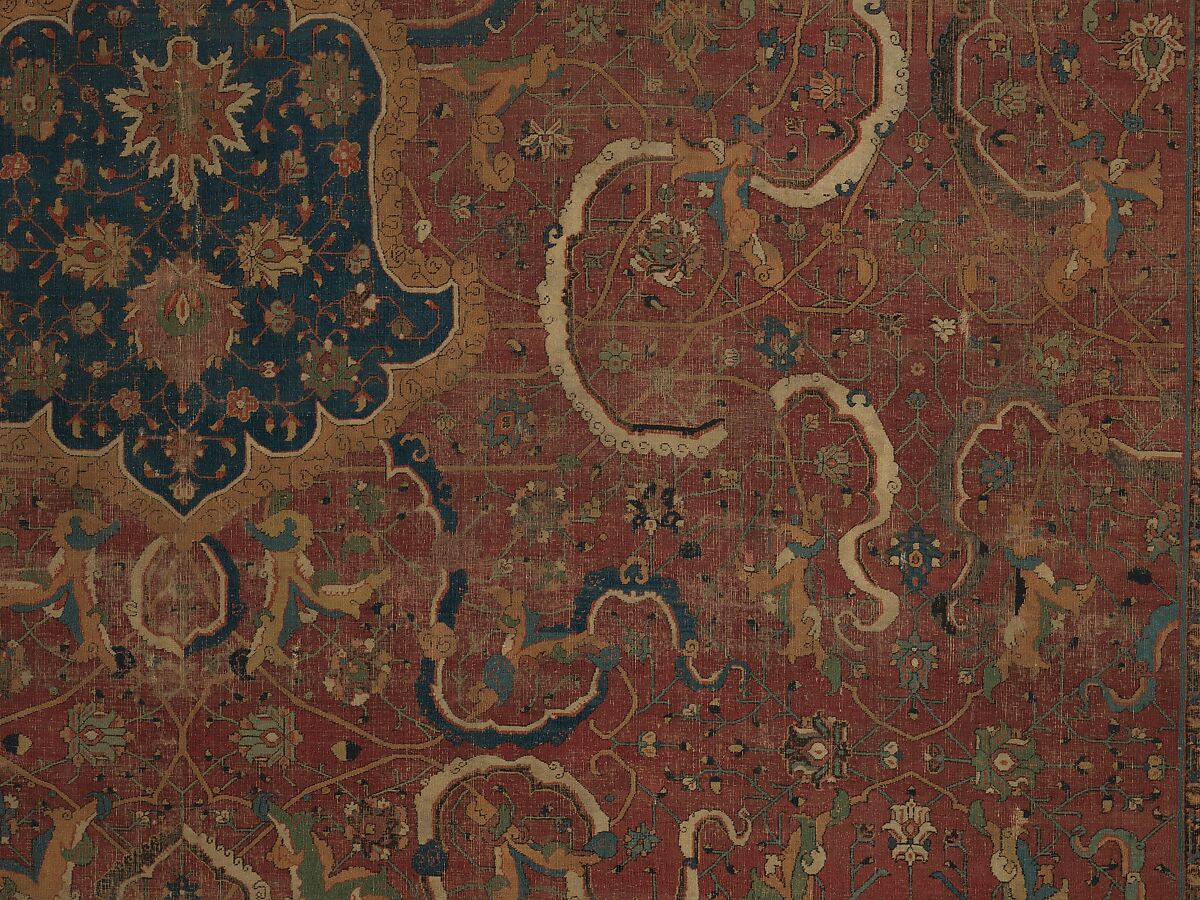 Carpet, Cotton (warp and weft), wool (pile); asymmetrically knotted pile 