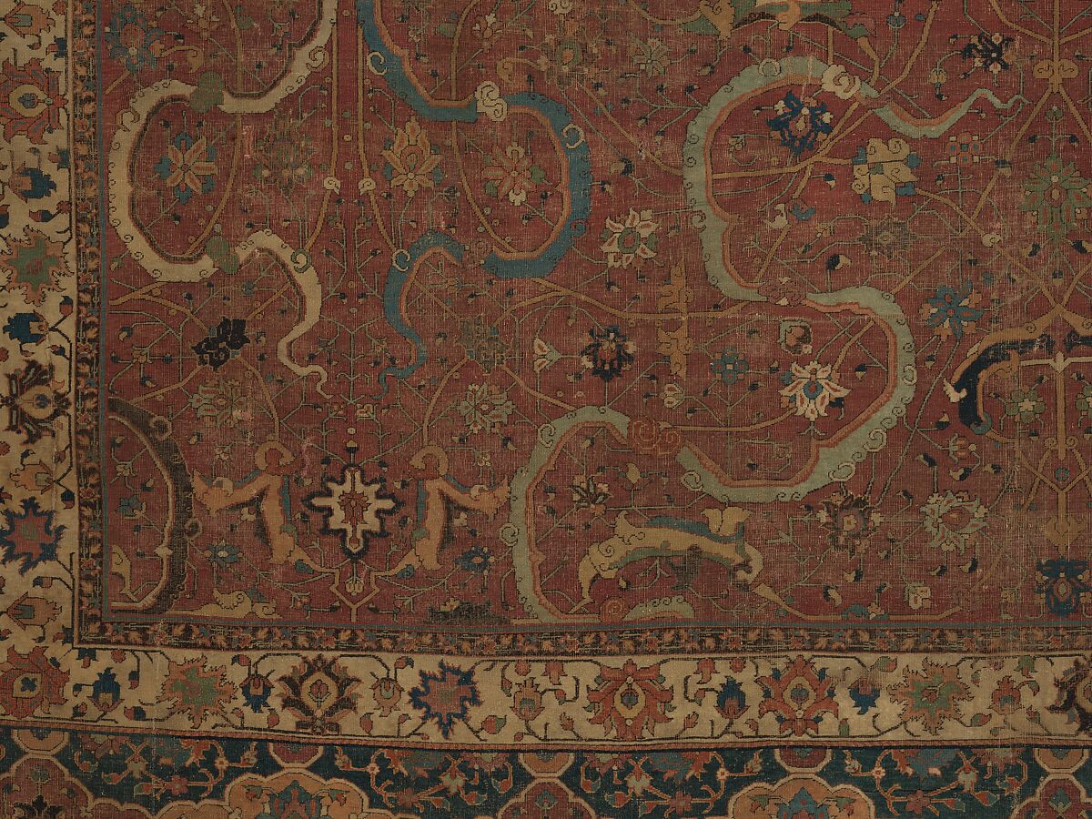 Carpet, Cotton (warp and weft), wool (pile); asymmetrically knotted pile 