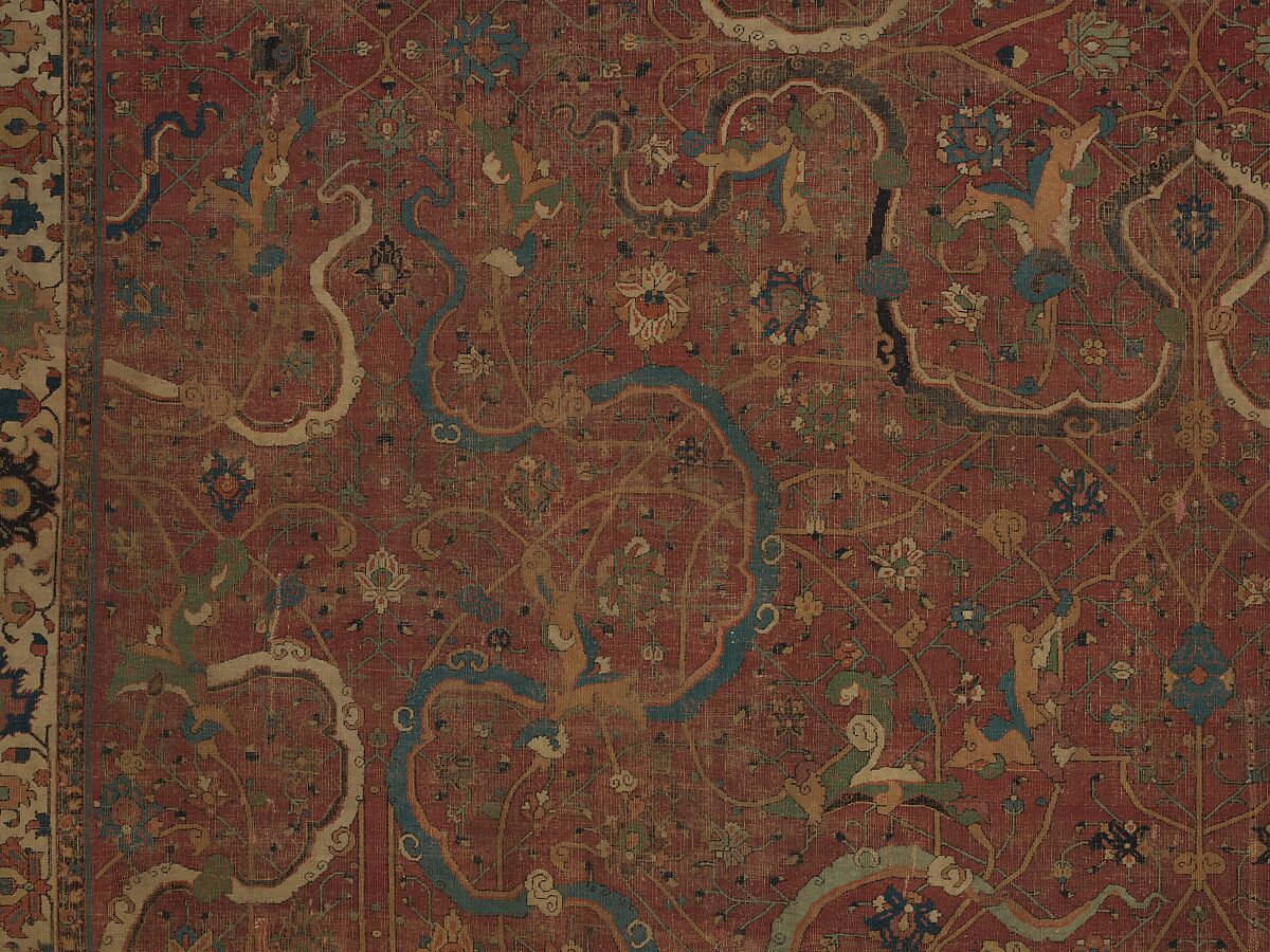 Carpet, Cotton (warp and weft), wool (pile); asymmetrically knotted pile 