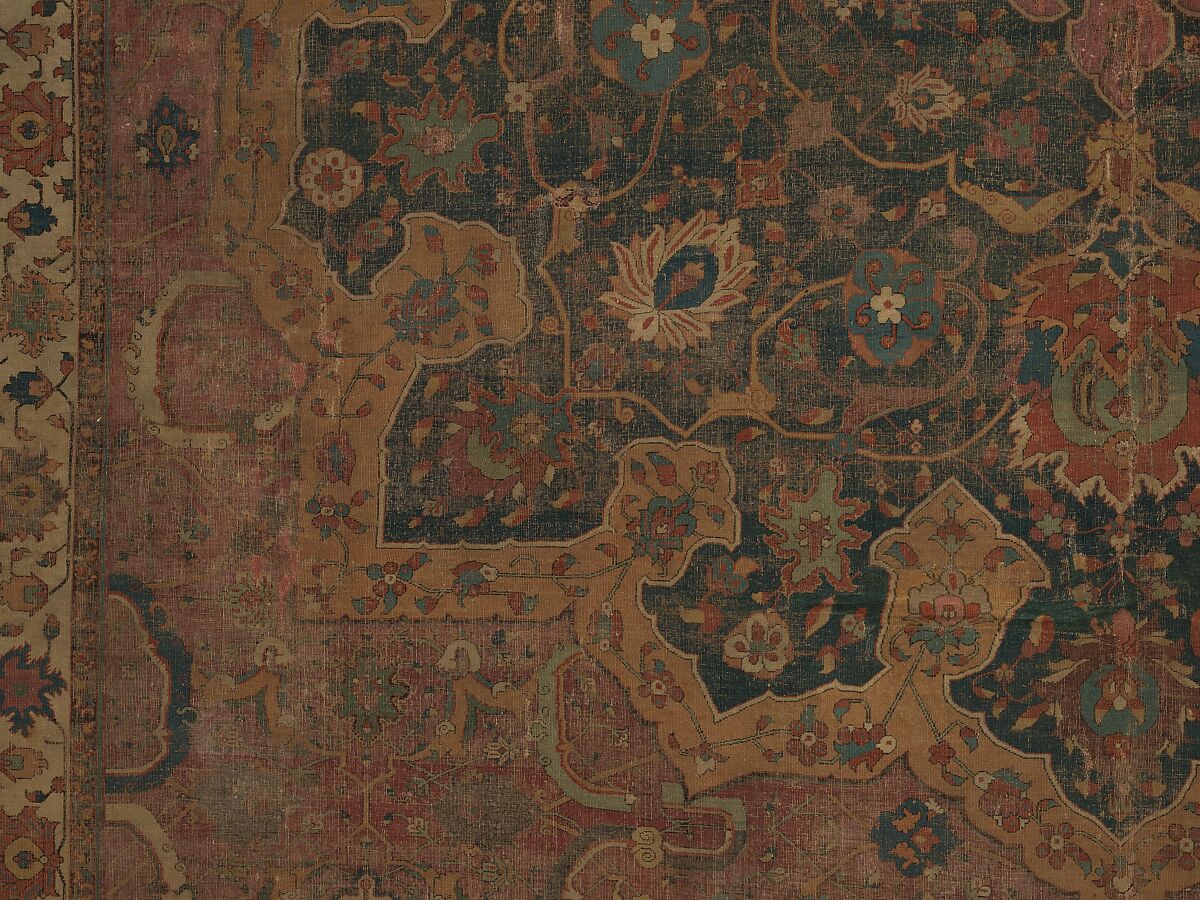 Carpet, Cotton (warp and weft), wool (pile); asymmetrically knotted pile 