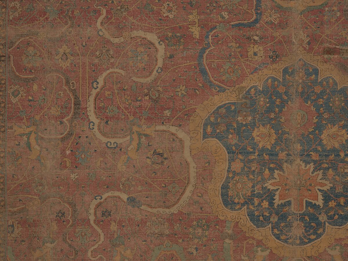 Carpet, Cotton (warp and weft), wool (pile); asymmetrically knotted pile 