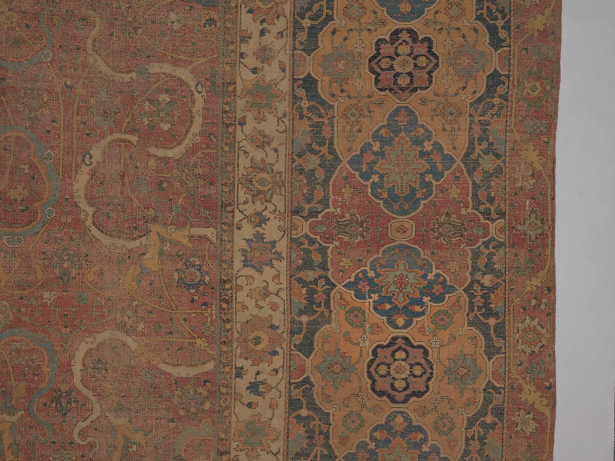 Carpet, Cotton (warp and weft), wool (pile); asymmetrically knotted pile 