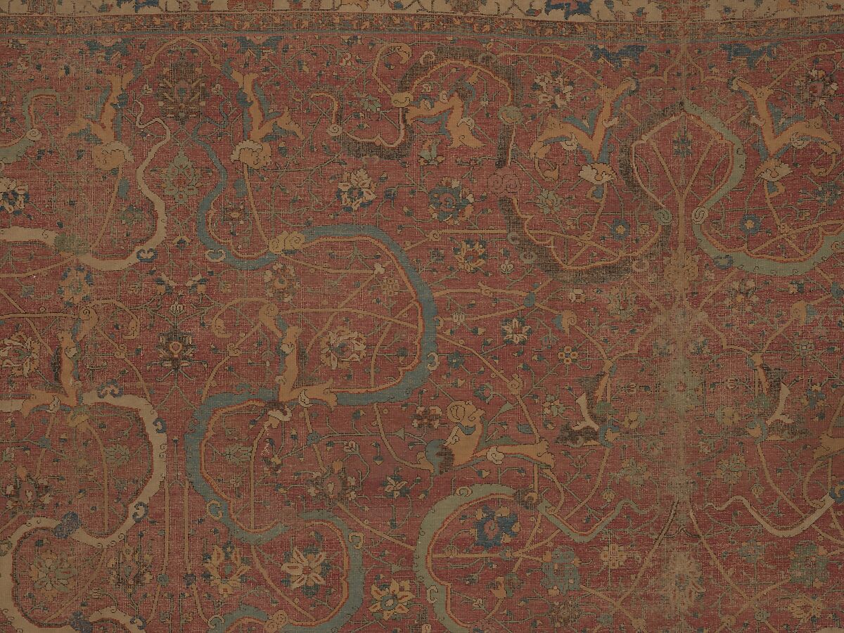 Carpet, Cotton (warp and weft), wool (pile); asymmetrically knotted pile 