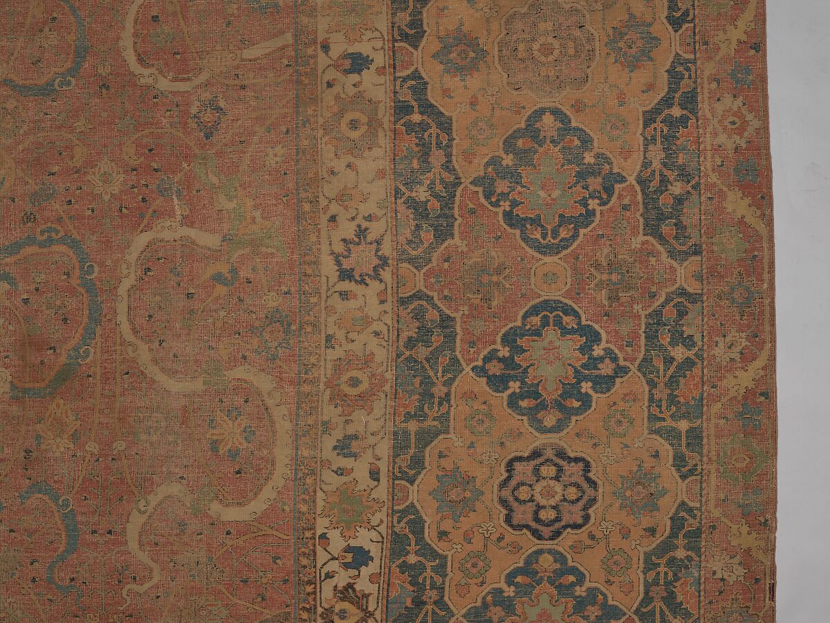 Carpet, Cotton (warp and weft), wool (pile); asymmetrically knotted pile 