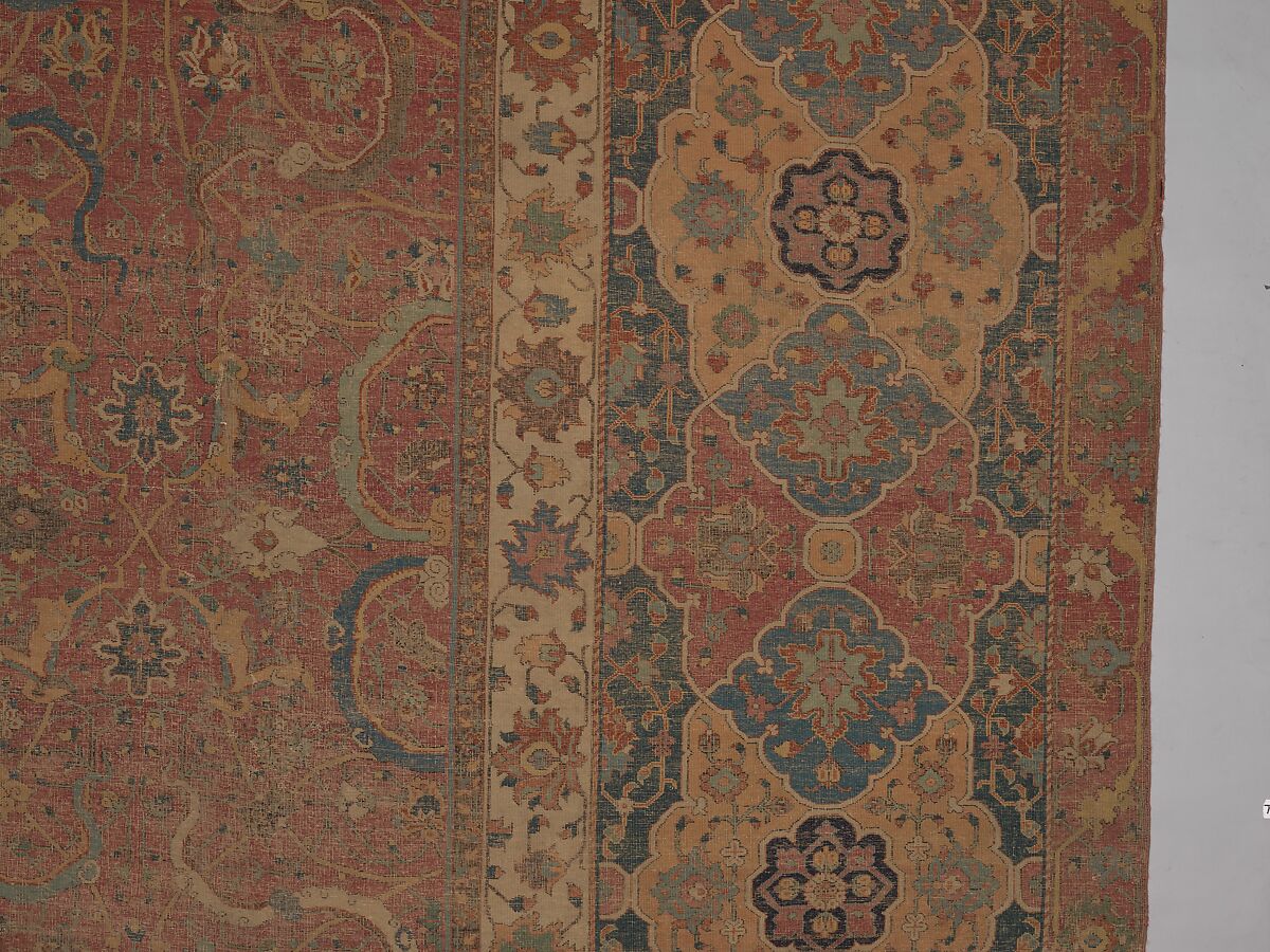 Carpet, Cotton (warp and weft), wool (pile); asymmetrically knotted pile 