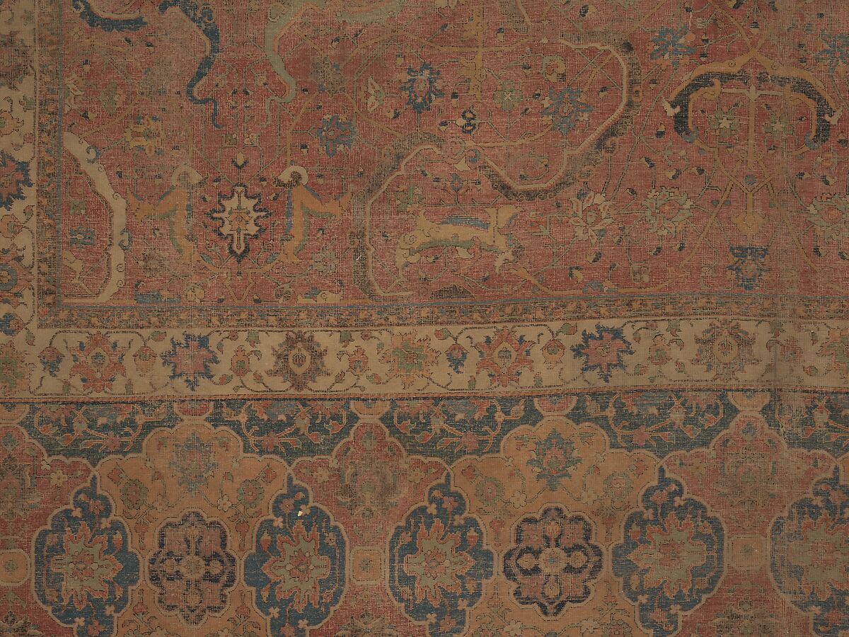 Carpet, Cotton (warp and weft), wool (pile); asymmetrically knotted pile 