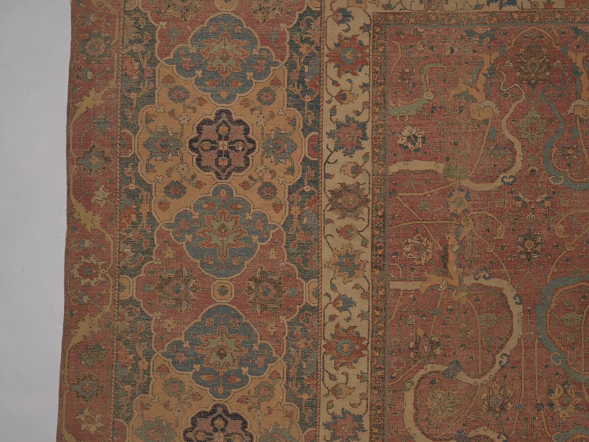 Carpet, Cotton (warp and weft), wool (pile); asymmetrically knotted pile 