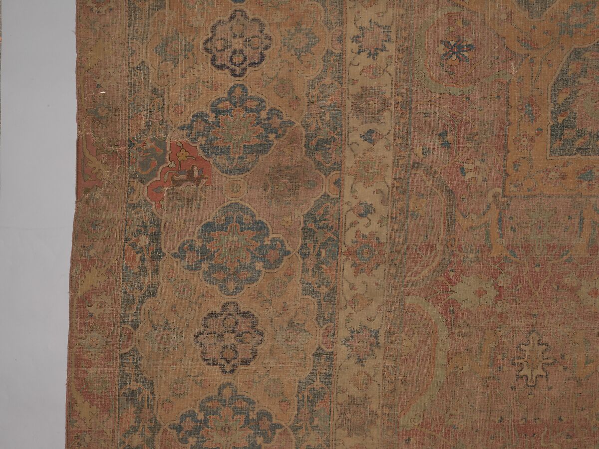 Carpet, Cotton (warp and weft), wool (pile); asymmetrically knotted pile 
