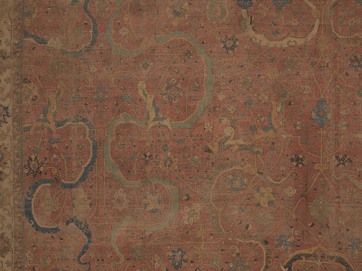 Carpet, Cotton (warp and weft), wool (pile); asymmetrically knotted pile 